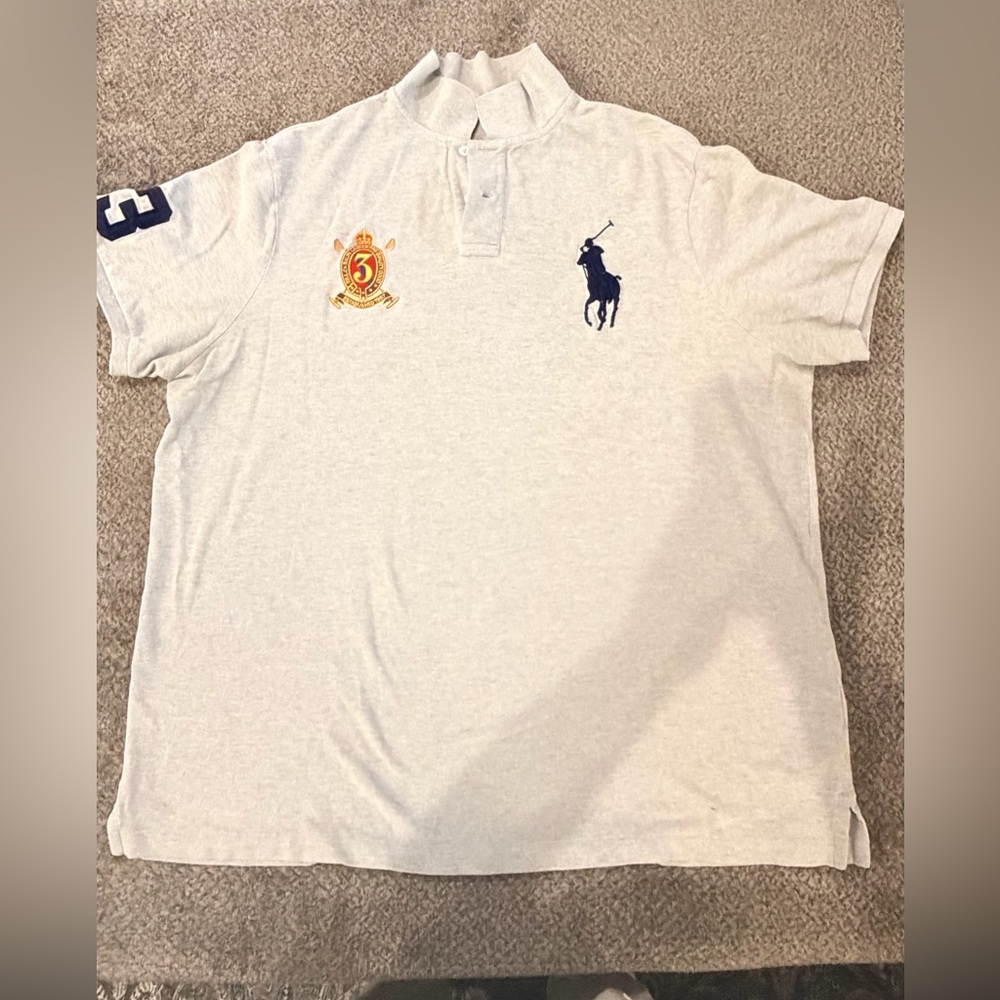 Ralph Lauren Light Gray Polo with Navy Logo and Gold Crest